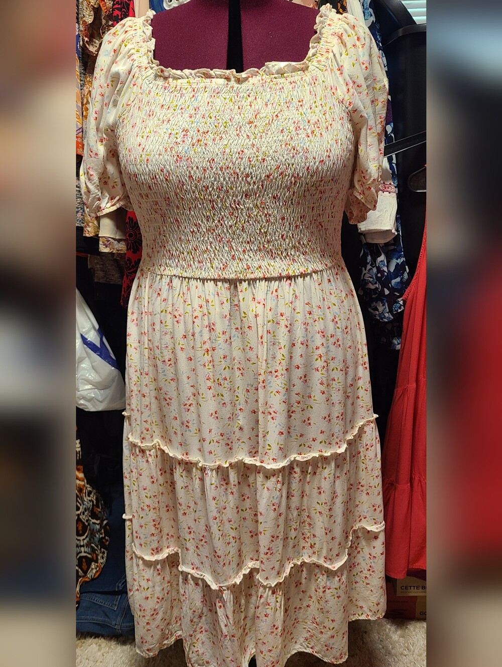 Cream Floral Smocked Tiered Midi Dress